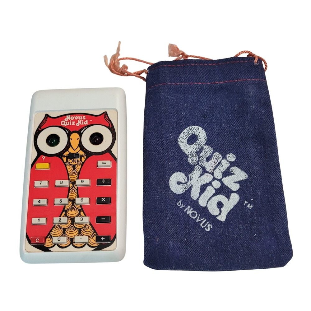 Novus Quiz Kid Vintage Handheld Math Game Owl White Red Denim Pouch 1970s Good